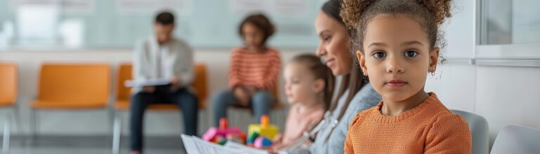 Parents and children waiting in a doctor s office, children playing with toys in the corner while parents fill out forms, a bright and cheerful waiting room